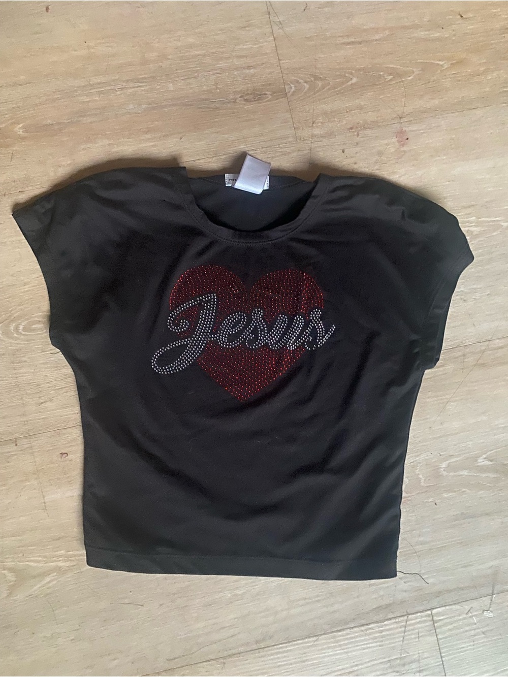 Girls Black Short-Sleeve Tee with Red Heart & Rhinestone 'Jesus' Script